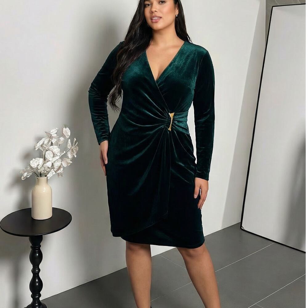 Calvin Klein Dark Green Velvet V Neck Wrap Long Sleeve Sheath Cocktail Dress 12
